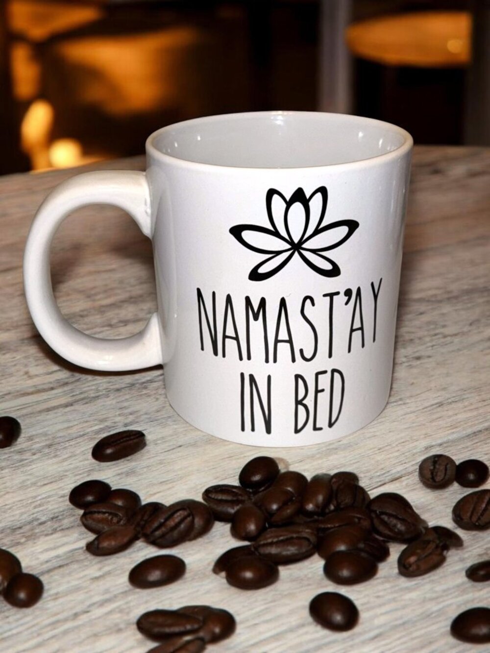 Namast’ay In Bed White Ceramic Coffee Mug With Lotus Graphic